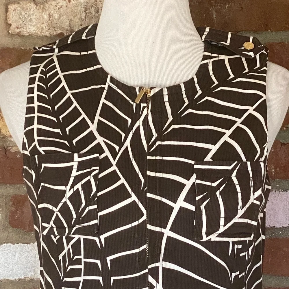 Tory Burch Brown Shift Dress White Leaf Print Sleeveless Corduroy Dress Size 6